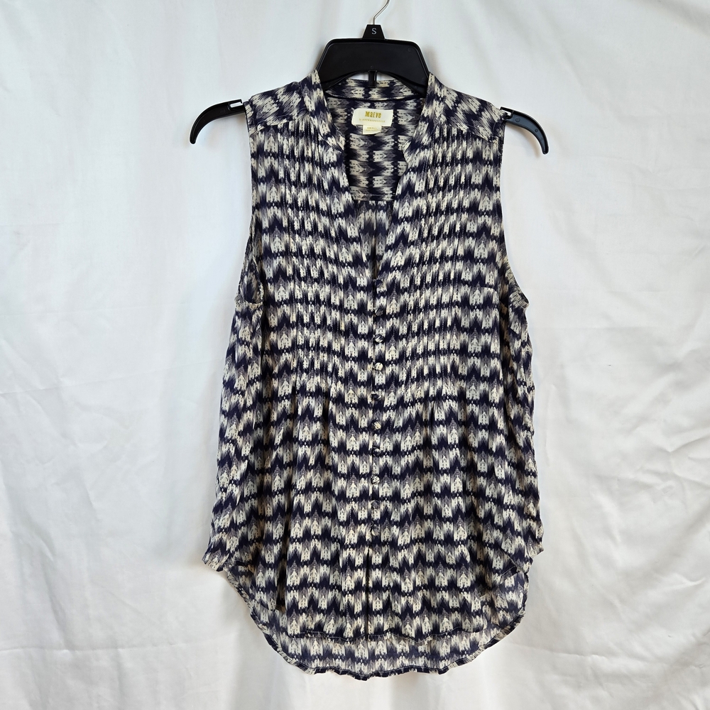 Anthropologie Maeve Navy Ivory‎ Ikat Sleeveless Pintucked Loop Button Top Small